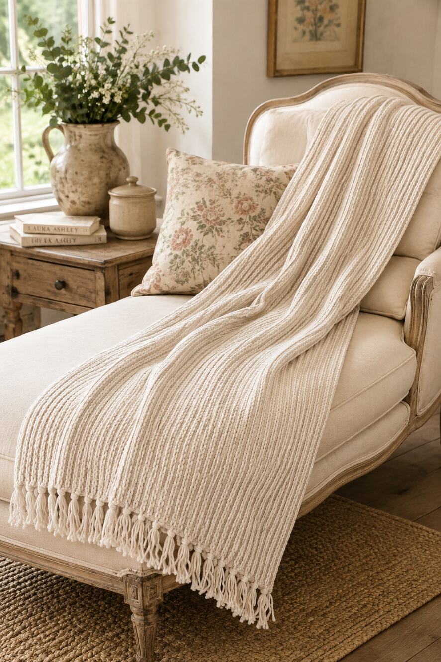 Laura Ashley Throw Blanket Beige Cream Woven Fringe Tassel Cottage Farmhouse